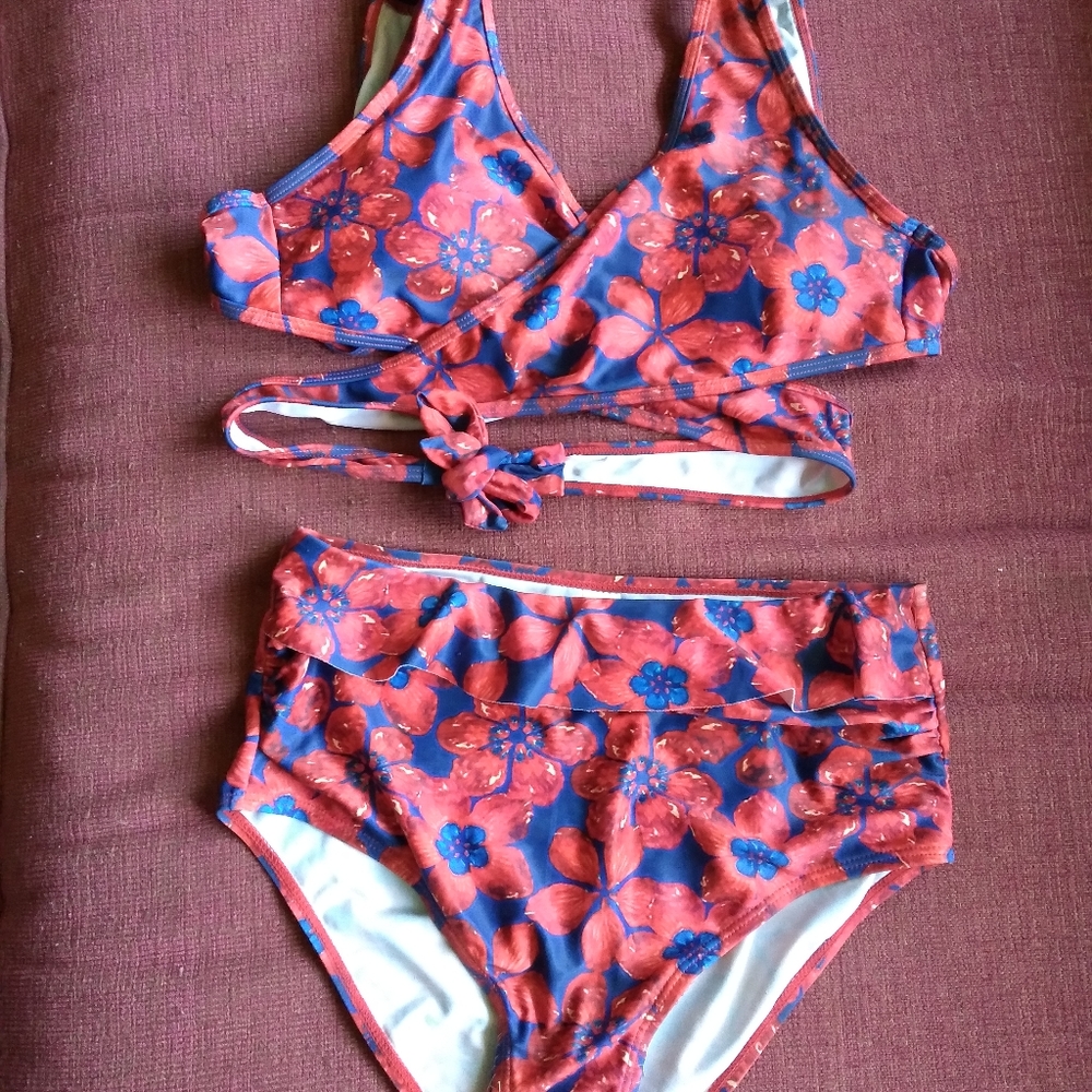 High Waisted Tropical Floral Bikini Set w Ruffles